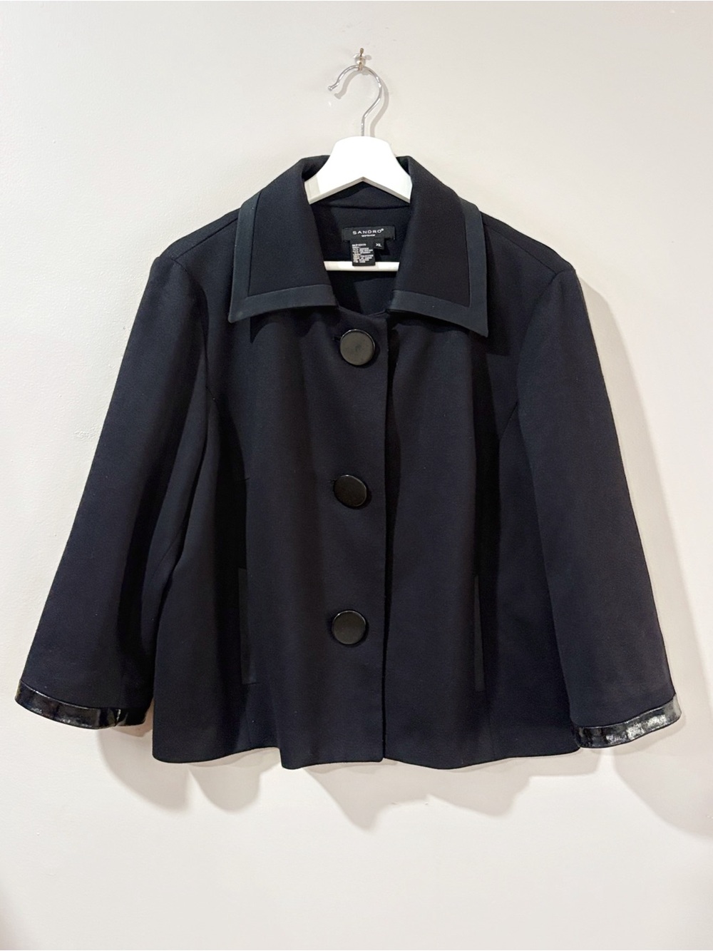 Sandro Women XL Black Cropped Swing Jacket Minimalist Office Chic Quiet Luxury
